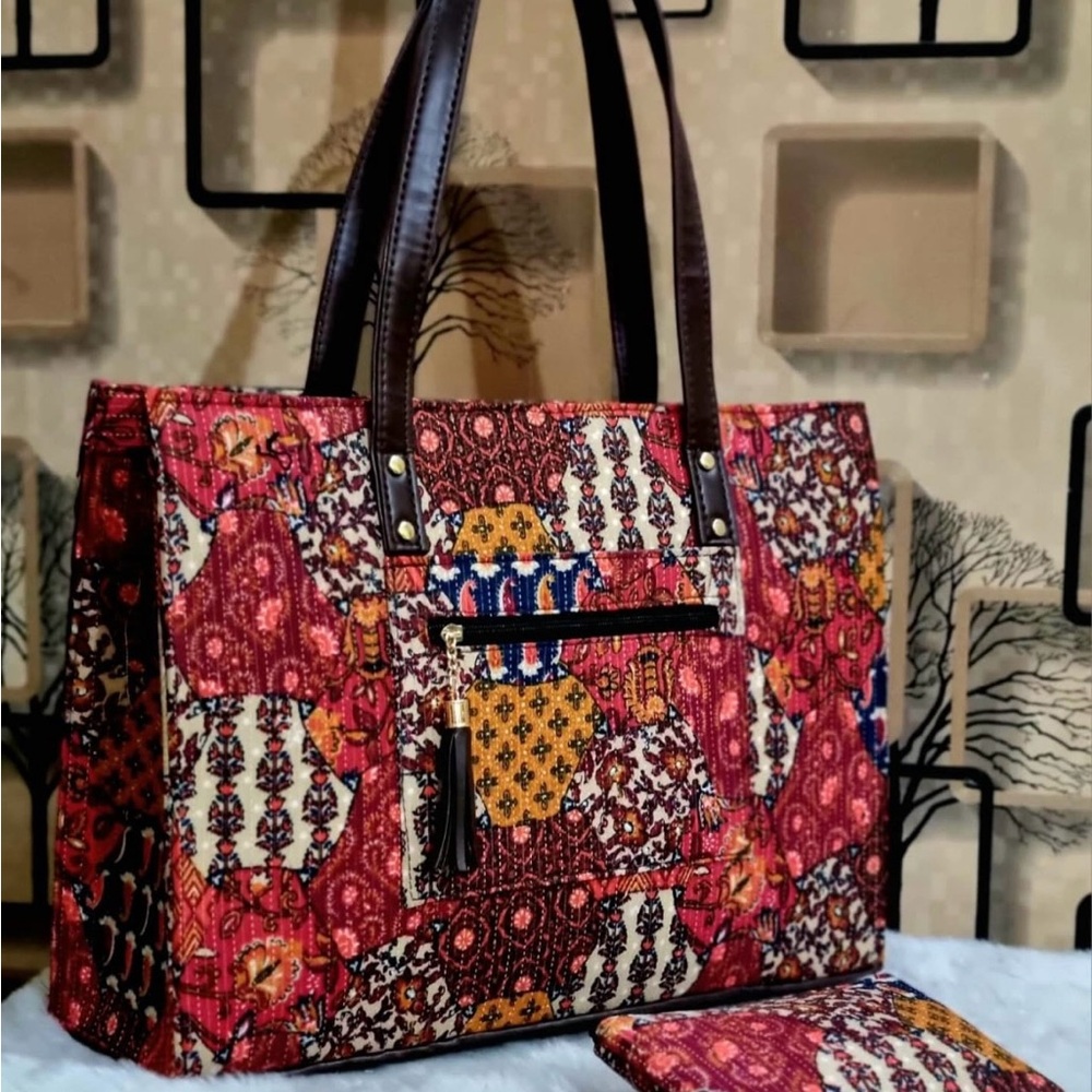 Elegant Multicolor Tote Bag with matching wallet.